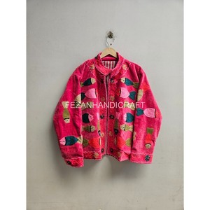 Pink Velvet Quilted <b>Jacket</b> Fish Embroidery Handmade Winter Autumn Unisex Stand Collar Boho <b>Hippie</b> Style - Product Image 1