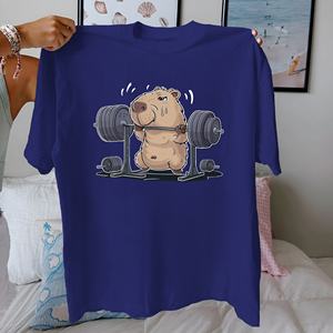 เสื้อยืดผู้หญิงผ้าคอตตอนแท้ลายการ์ตูน capybara แบบยกบาร์เบลสวมใส่สบาย - Product Image 5