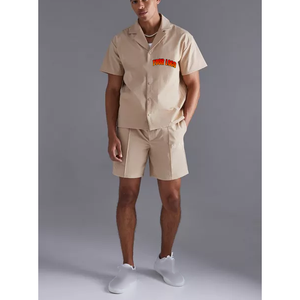 Ensemble chemise et short en coton beige pour homme, col rabattu, vêtements décontractés d'été, respirant, tissé, rayé, séchage rapide - Product Image 5