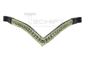 <b>Black</b> Leather Comfortable Horse Brow Band V-Shaped Green Bling Sparkly 3 Row Customized Grooming Accessory MS TECHIFY EXPORTS - Product Image 2