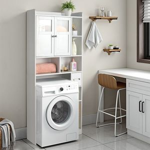 Mobile Bagno Moderno Bianco a Doppia Anta in MDF con 2 Pannelli Regolabili, 1 Cassetto e 3 Ripiani Laterali per Casa, Camera da Letto, Scuola - Product Image 3