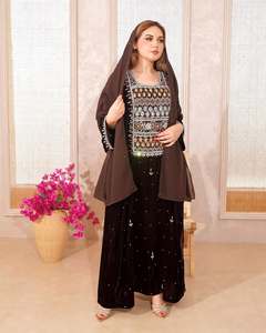Women's Black Embroidered Polyester Abaya Brown Overlay Floor Length Modest <b>Plus</b> <b>Size</b> Long Sleeve Solid Sweetheart Neckline - Product Image 1