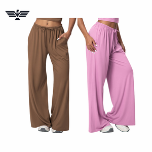 Pantalon large taille mi-haute pour femme, en coton tricoté beige uni, coupe ample, coupe-vent, avec cordon de serrage, longueur intégrale, décontracté, streetwear d'été - Product Image 5
