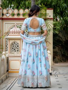 <b>Light</b> <b>Blue</b> Floral <b>Lehenga</b> Set with Embroidered Dupatta Traditional Indian Wedding Wear for Women - Product Image 3