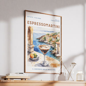 Impresión de Cocina con Vista Costera Mediterránea, Paisaje de Balcón de la Costa de Amalfi, Espresso Martini, Estilo de Póster de Viaje Moderno y Vintage - Product Image 5