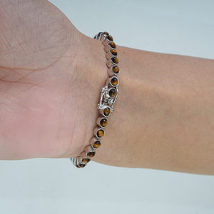 Magnifique bracelet tennis unisexe en argent sterling 925 avec pierre œil de tigre naturelle ronde sertie clos, bijoux fins - Product Image 4