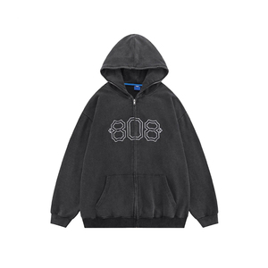 Vintage Acid <b>Wash</b> Cotton Manufacture Custom Heavyweight Men Oversized Hoodie Embossed Cotton 400gsm Acid <b>Wash</b> Zip up Hoodies - Product Image 3