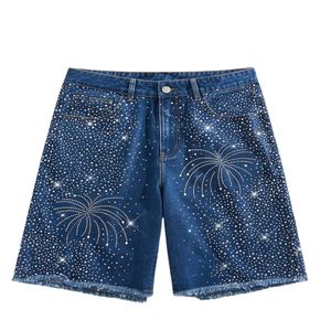 Custom Mens Rhinestones Fireworks Denim Shorts Sparkly Crystal Beaded Blue <b>Jean</b> Shorts Y2K Streetwear Baggy Fringed Jorts Shorts - Product Image 1