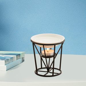 Handmade Metal <b>Wax</b> <b>Melt</b> Burner with Ceramic Dish Black Geometric Tea Light Candle Holder Essential Oil Warmer Home Fragrance - Product Image 5