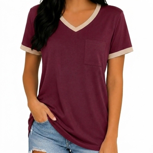 Women V Neck T-Shirt Solid Color Short Sleeve Pocket Casual Loose Fit Cotton <b>Top</b> Spring Summer Wear - Product Image 4