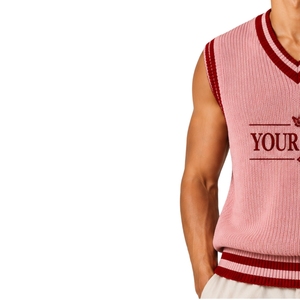 Gilet pull sans manches en maille pour homme, rose clair et bordeaux à rayures contrastées, col en V, léger, décontracté, personnalisable avec logo OEM - Product Image 3