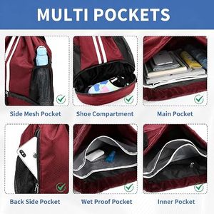 Red Canvas <b>Drawstring</b> <b>Backpack</b> with Mesh Side Pockets and Zippered Bottom Compartment 30-40L for Gym Sports Travel - Product Image 3