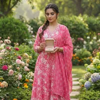 Ensemble Kurta Anarkali pour femmes, imprimé floral rose, col en V, robe évasée avec dupatta, tenue traditionnelle ethnique festive