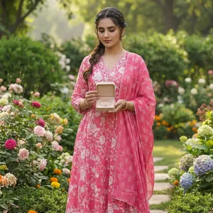 Conjunto de Kurta Anarkali con Estampado Floral Rosa para Mujer, Vestido con Cuello en V y Falda Acampanada con Dupatta, Traje Tradicional Étnico para Fiestas - Product Image 2