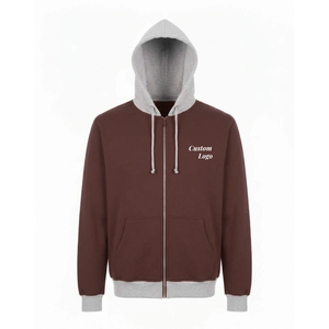 เสื้อฮู้ดดี้ผู้ชายแบบมีซิป สไตล์แร็กแลน คุณภาพสูง เนื้อผ้าหนา ตัดต่อสีแบบคัลเลอร์บล็อก พร้อมโลโก้แบบกำหนดเอง ทูโทน ทั้งที่คอและปลายแขนเสื้อ - Product Image 1