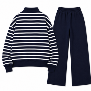 Winter Wear Ladies Blue <b>Striped</b> Quarter Zip <b>Women's</b> Pullover Tracksuit Wide Leg <b>Trouser</b> Set Casual Modest Athleisure Loungewear - Product Image 4