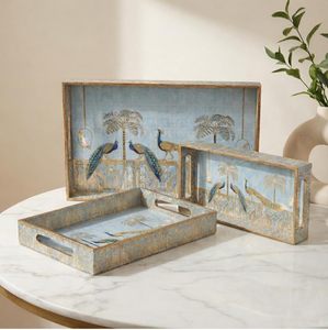 Handcrafted Decorative Wooden Serving <b>Tray</b> Set with Peacock Design Nesting <b>Storage</b> <b>Trays</b> Blue Vintage Printed Home Decor - Product Image 1