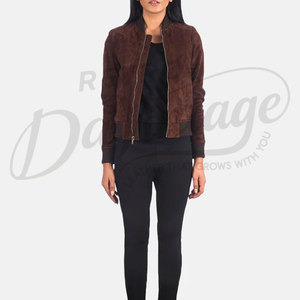 Women Chocolate Brown Genuine Suede <b>Leather</b> Bomber <b>Jacket</b> Slim Fit Premium Goat Suede Casual Winter Outerwear Fashionable Coat - Product Image 4