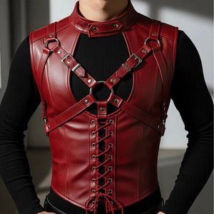 Chaleco de Cuero Sintético Rojo para Hombre con Arnés - Chaleco de Cuero Gótico con Cordones - Chaleco Personalizado - Product Image 2
