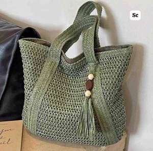 Custom Luxury Handwoven <b>Straw</b> Tote <b>Bag</b> Green Raffia Mesh Beach <b>Bag</b> with Tassel Wooden Beads Large Summer Resort Women Handbag - Product Image 3