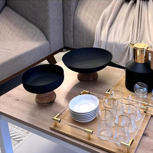 Minimalist Matte Black Metal Serving Bowl Set Elevated On Smooth Pedestal Wooden Bases Ideal For Contemporary Tabletop Displays - Product Image 6