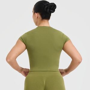 Conjunto Deportivo de 2 Piezas para Mujer, Color Verde Oliva, Tejido de Punto, Top Corto de Manga Corta con Cuello Redondo, Transpirable, para Primavera/Verano - Product Image 5