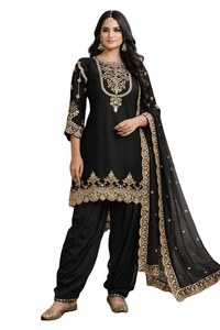 ชุดสัลวาร์ คามีซ คุรตา/คุรตี สำหรับผู้หญิง ผ้าจอร์เจตต์เทียมปักลายสีดำสุดหรู ความยาวระดับเข่า ทรงปกติ - Product Image 1