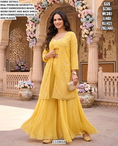 Salwar Kameez Amarillo de Georgette con Bordado de Cuentas Pesadas en la Parte Delantera y Trasera, Shrug para Mujer, India, Pakistán, Boda 110804 - Product Image 1