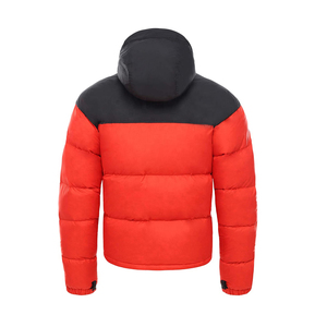 Men's Red Down Puffer Jacket With Black Collar <b>Stand</b> Zipper Closure Windproof Casual Winter Coat Regular Fit Color Blocking - Product Image 2