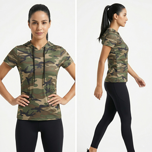 T-shirt à capuche camouflage à manches courtes pour femme, idéal pour la gym et le fitness, tee-shirt de sport camouflage pour femme, sweat à capuche pour femme - Product Image 4