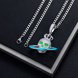 Pendentif Crâne Alien Plaqué Argent avec Anneau Bleu et Strass, Collier Hip-Hop, Bijou de Mode pour Homme, Cadeau - Product Image 2