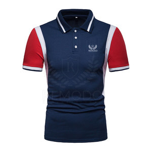 Nueva Llegada: Camisa de Manga Corta con Cuello Alto para Hombre, Color Azul Marino con Ribete en Rojo, Logotipo Estampado por Transferencia de Calor, Corte Ajustado, 100% Algodón - Product Image 1