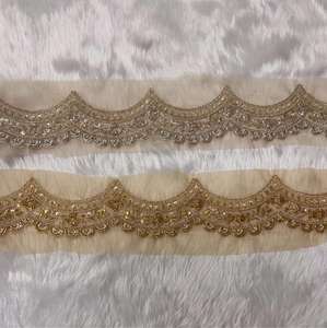Wholesale Indian Ethnic Scalloped Lace Border Pearl Bead Mirror Work Hand Look <b>Kaftan</b> Saree Sewing Decorative Trim - Product Image 3