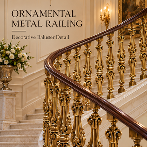 Rampe d'escalier en métal doré orné avec balustres baroques complexes et main courante en bois foncé pour intérieurs de luxe - Product Image 1