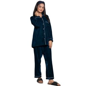 Ensemble de pyjama en velours vert sarcelle foncé pour femme, chemise boutonnée à manches longues et pantalon assorti, passepoil contrastant, vêtements de nuit doux et luxueux, personnalisable OEM - Product Image 1