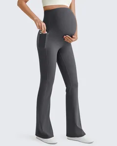 Custom LOGO Maternity High Waisted <b>Flared</b> Yoga Pants Solid Stretch Side Pockets Belly Support Soft Casual Pants for Women - Product Image 3