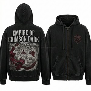 <b>Black</b> Acid Wash Hoodie Custom Red Wave Graphic Print Streetwear Oversized Heavyweight Cotton <b>Fleece</b> Pullover Men Supplier - Product Image 6