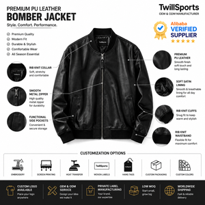 <b>Men's</b> Black PU Bomber <b>Jacket</b> Custom Embroidery Single Button Winter Sporty Casual Cotton Fabric Stand Collar - Product Image 5