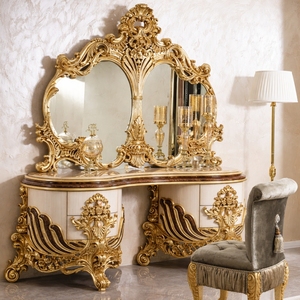 Luxury Rococo Mahogany Bedroom Furniture Set Gold Carved Upholstered Bed Wardrobe <b>Vanity</b> <b>Table</b> Villa Hotel Collection - Product Image 5