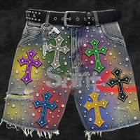 Pantalones Cortos de Jean para Hombre al por Mayor, de Verano, de Mezclilla, Lisos, Casuales, con Lavado Vintage, Logotipo Personalizado, Cintura Media, Cierre de Cremallera, con Pedrería, 100% Algodón