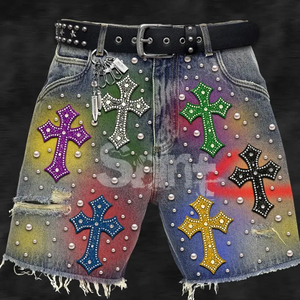 Shorts en jean décontractés vintage pour hommes, taille mi-haute, avec fermeture éclair, logo personnalisé, strass, 100 % coton, vente en gros - Product Image 6