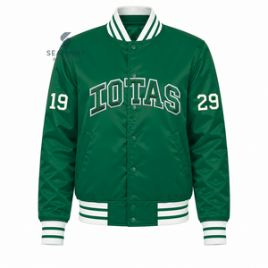 Chaqueta Universitaria Verde Satinada para Mujer Iota Phi Lambda con Botones a Presión, Letras Griegas Bordadas, Cuello y Puños de Punto a Rayas, Ropa Universitaria - Product Image 1