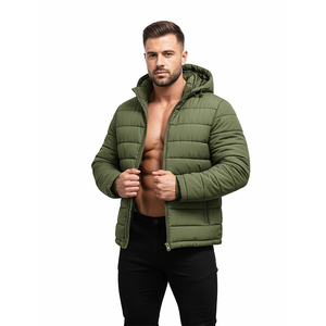 Chaqueta acolchada con capucha para hombre, color verde oliva, cálida para invierno, con cremallera, ligera, informal, para exteriores, con bolsillos con cremallera - Product Image 2