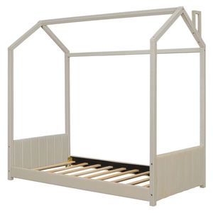 Twin Size Velvet House Bed Natural Wood Beige Finish for Kids' Room - Product Image 4