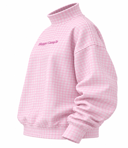 Sweat-shirt décontracté surdimensionné en molleton de coton pour femme, col montant, motif gingham, lettres brodées et sérigraphiées, personnalisable en gros - Product Image 6