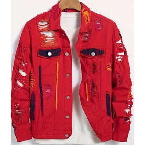 Crescent Wear Men's Red Ripped Denim <b>Jacket</b> Regular Fit <b>Punk</b> Style Button Fly Solid Color Wash Eco-Friendly Cotton Fabric Winter - Product Image 5