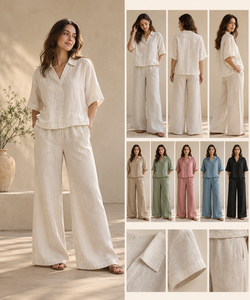 Conjunto de 2 Piezas Exclusivo de Alta Calidad, Tejido Sólido, Blusa de Algodón Beige Combinada con Pantalones, Venta al Por Mayor - Product Image 2