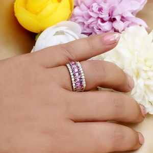Bague en or jaune 14 carats avec saphir rose et diamants, vente en gros |   Bague de style éternité en saphir rose, bijoux fins pour femmes, cadeau de fête - Product Image 6