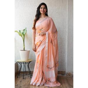 Magnifique sari en lin imprimé avec chemisier en lin, look traditionnel et contemporain, provenant d'un fournisseur indien pour l'exportation en gros. - Product Image 1