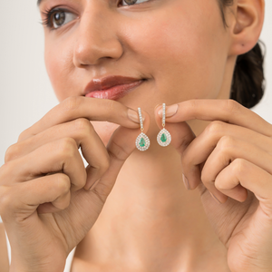 High End Custom Design 14K Pure Yellow Gold Emerald & Diamond Letch <b>Back</b> Double Cluster Hoop Drop <b>Earrings</b> Wedding Jewelry - Product Image 2